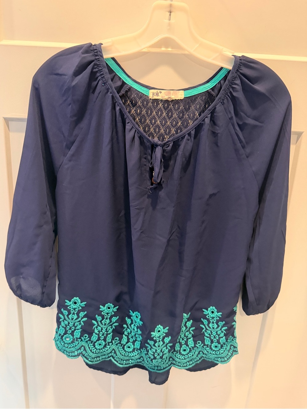 Jolt XS Navy Boho Embroidered Peasant Blouse Turquoise Floral Tie Neck Top